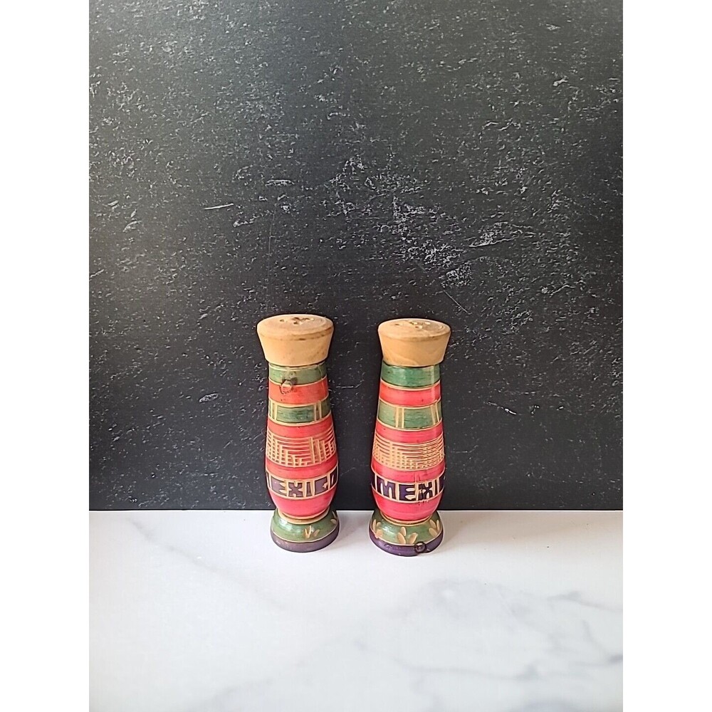 Mexican Hand Carved Wooden Salt And Pepper Shakers Vintage